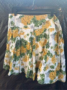 Odille Yellow Floral Cotton Circle Skirt with Green Leaf Print